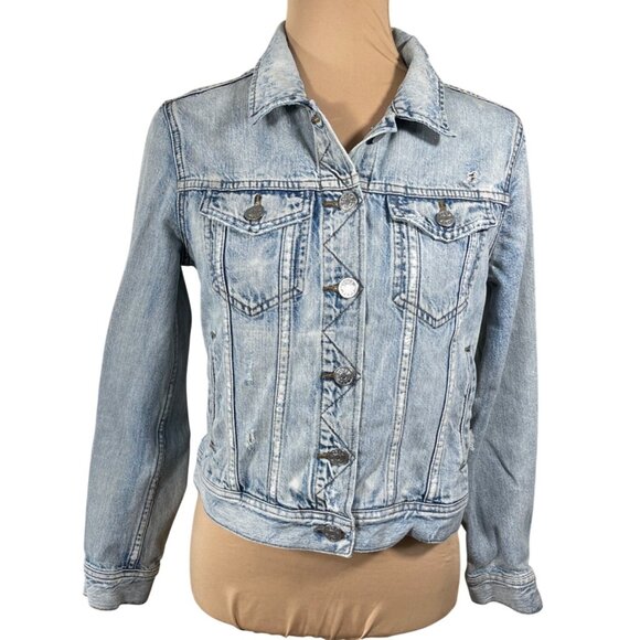 J Crew Indigo Denim Jacket Distressed (HOLES)  S Small Light Wash Blue - Picture 1 of 10